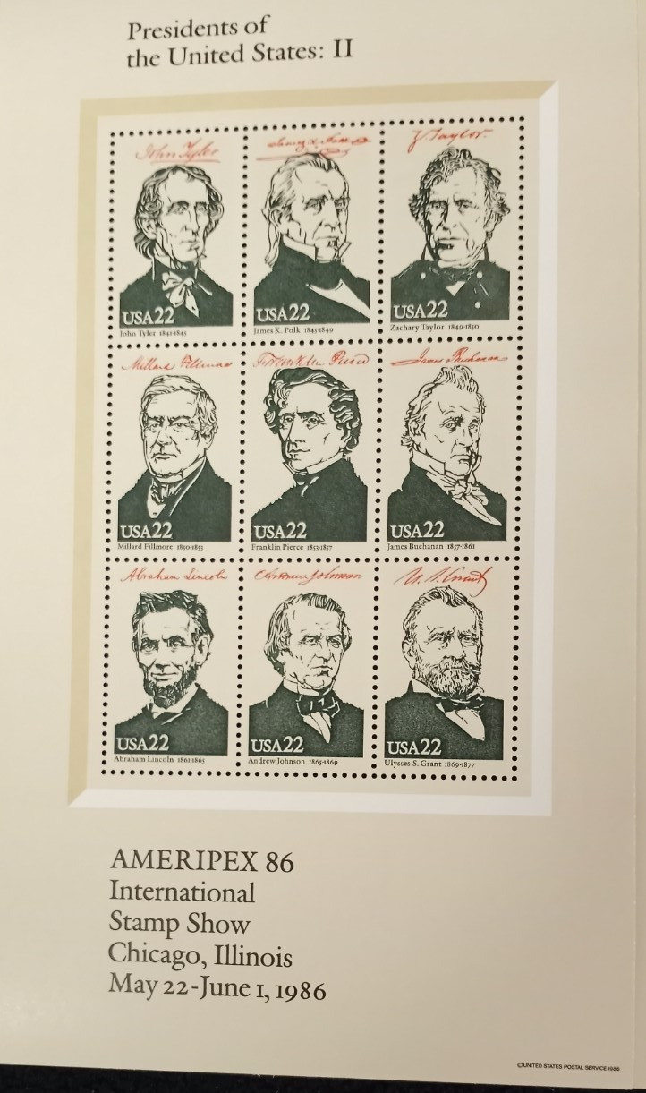 USA S/S + Cover — 1986 Complete Set Presidents of the US Ameripex ’86 #2216-2219