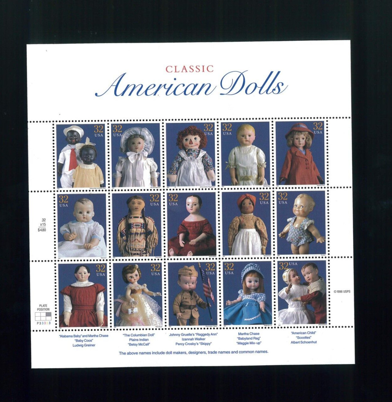 United States 32¢ American Dolls Postage Stamp #3151 MNH Full Sheet