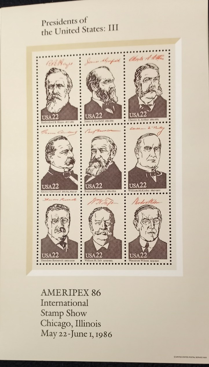 USA S/S + Cover — 1986 Complete Set Presidents of the US Ameripex ’86 #2216-2219