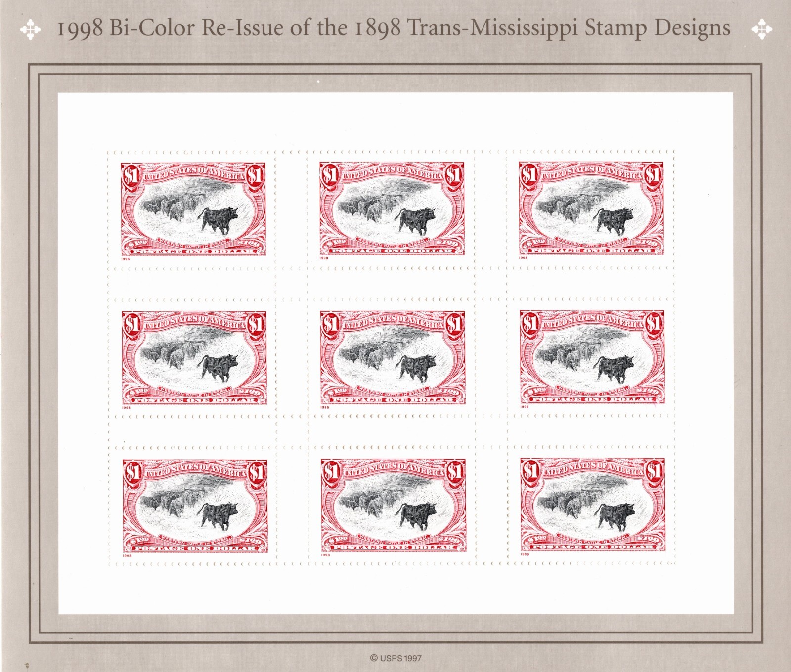 USA 1998 RE-ISSUE 1898 TRANS-MISSISSIPPI STAMP 9 STAMPS $1.00 SCOTT 3210 MNH
