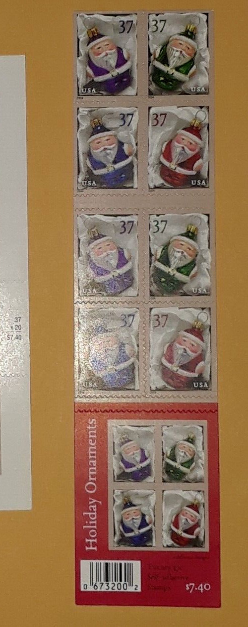 Booklets 20 = 40 of Holiday ORNAMENTS Christmas Santa 37¢ US Stamps. 3883-3886