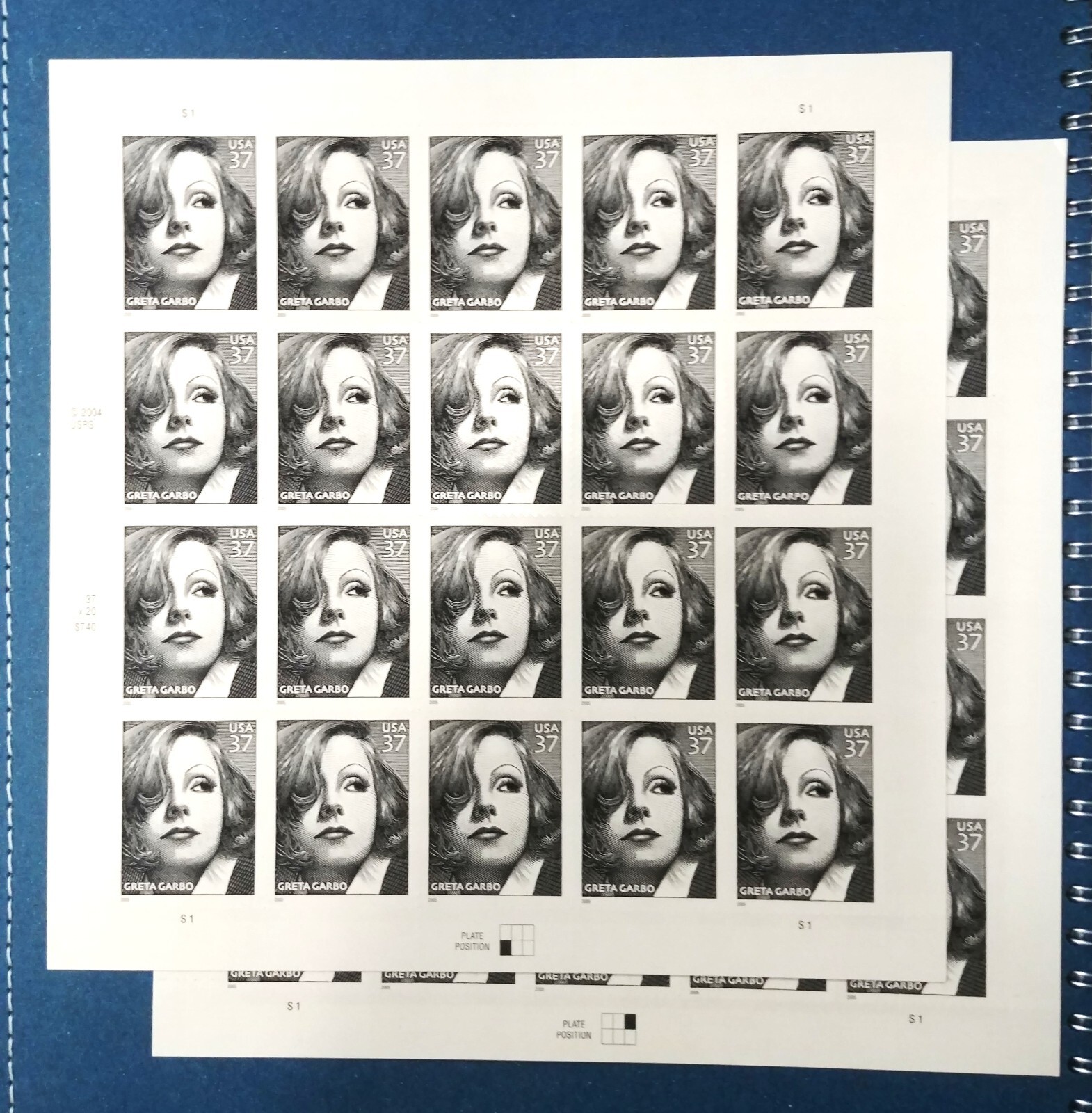 37 cent stamps Greta Garbo sheet pane of 20 lot of 2
