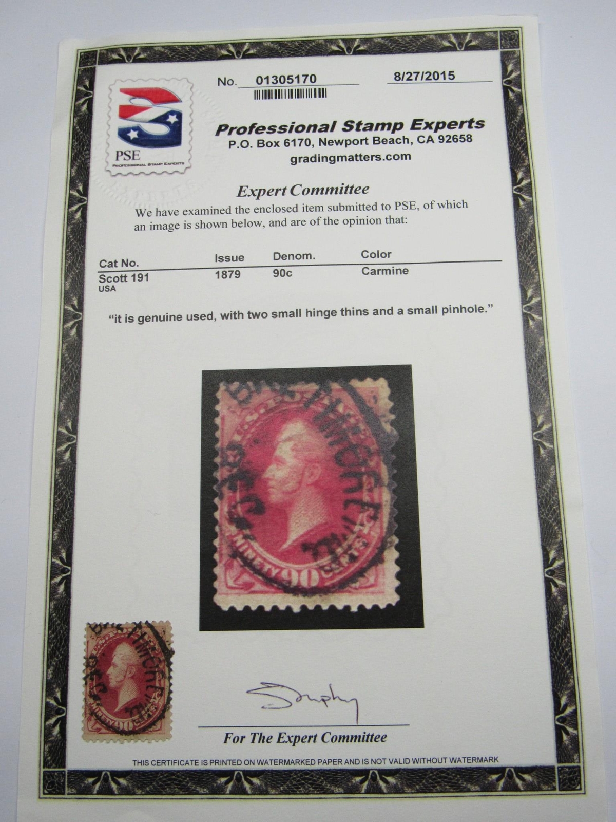 PSE Certified Stamp!1879 U.S. POSTAGE 90¢ Genuine Used Stamp STP-24-IB