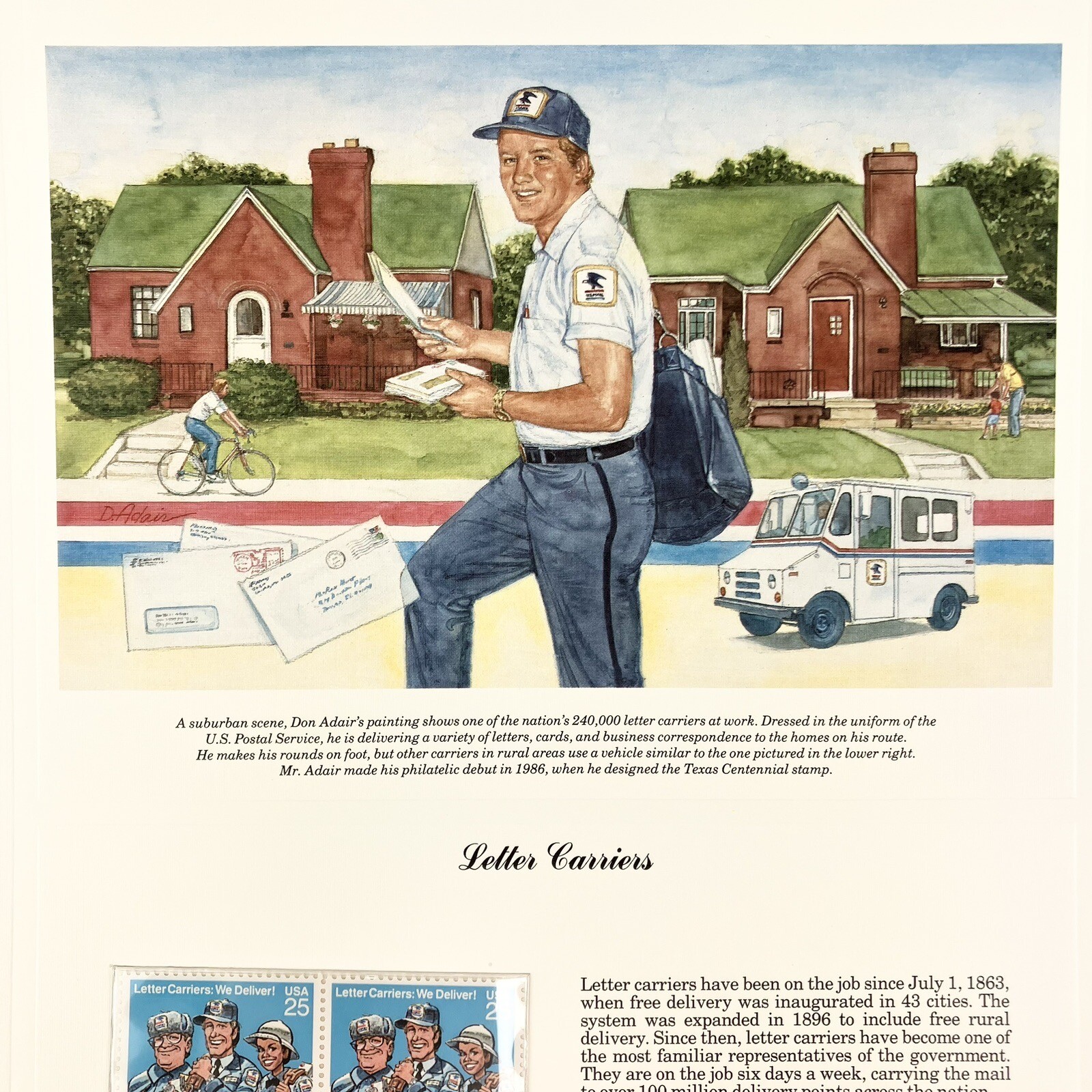 Don Adair Letter Carriers Mailman Postage Stamp Art USPS Farmable Gift 1989