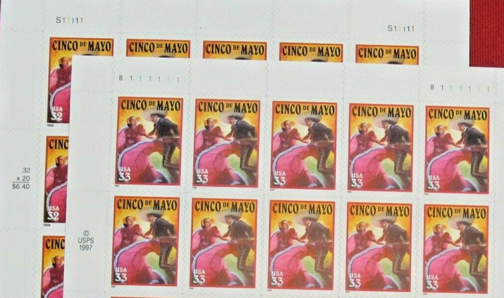 Three Sheets /Panes x 20 = 60 of CINCO DE MAYO 33¢ US Postage Stamps USA Sc 3309
