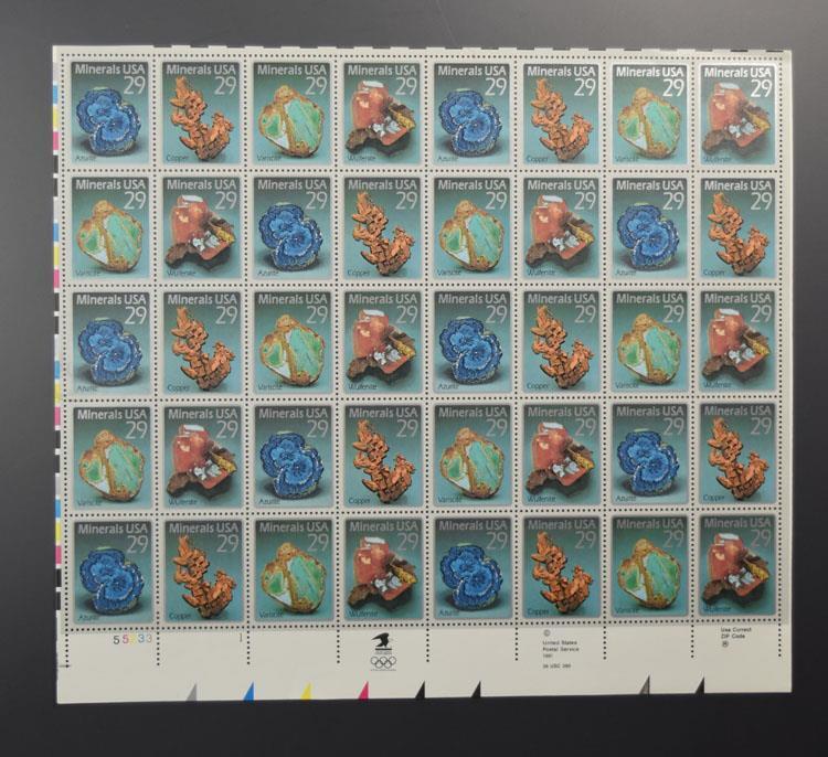 US SCOTT 2700 – 2703 PANE OF 40 MINERAL STAMPS 29 CENT FACE MNH
