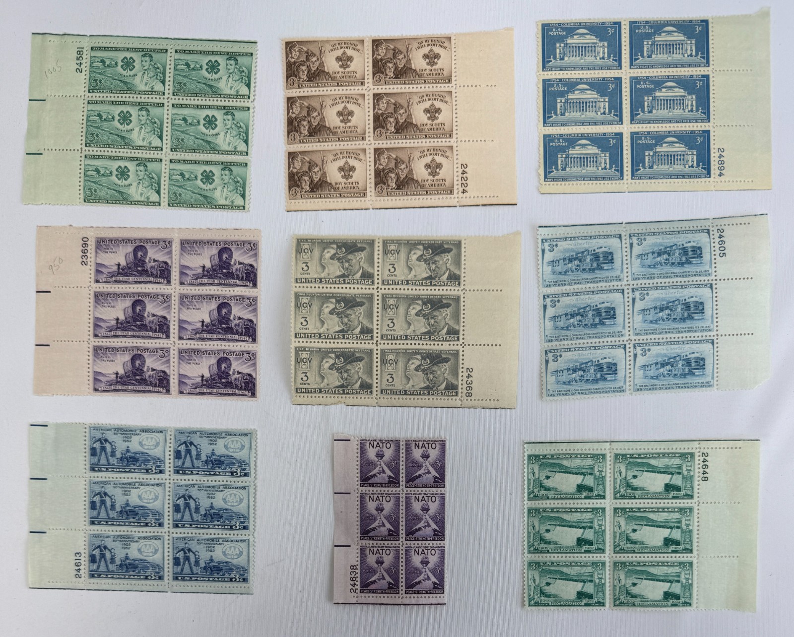 US Commemorative Plate Block Collection 1947-1954 MNH Americana History Scouts