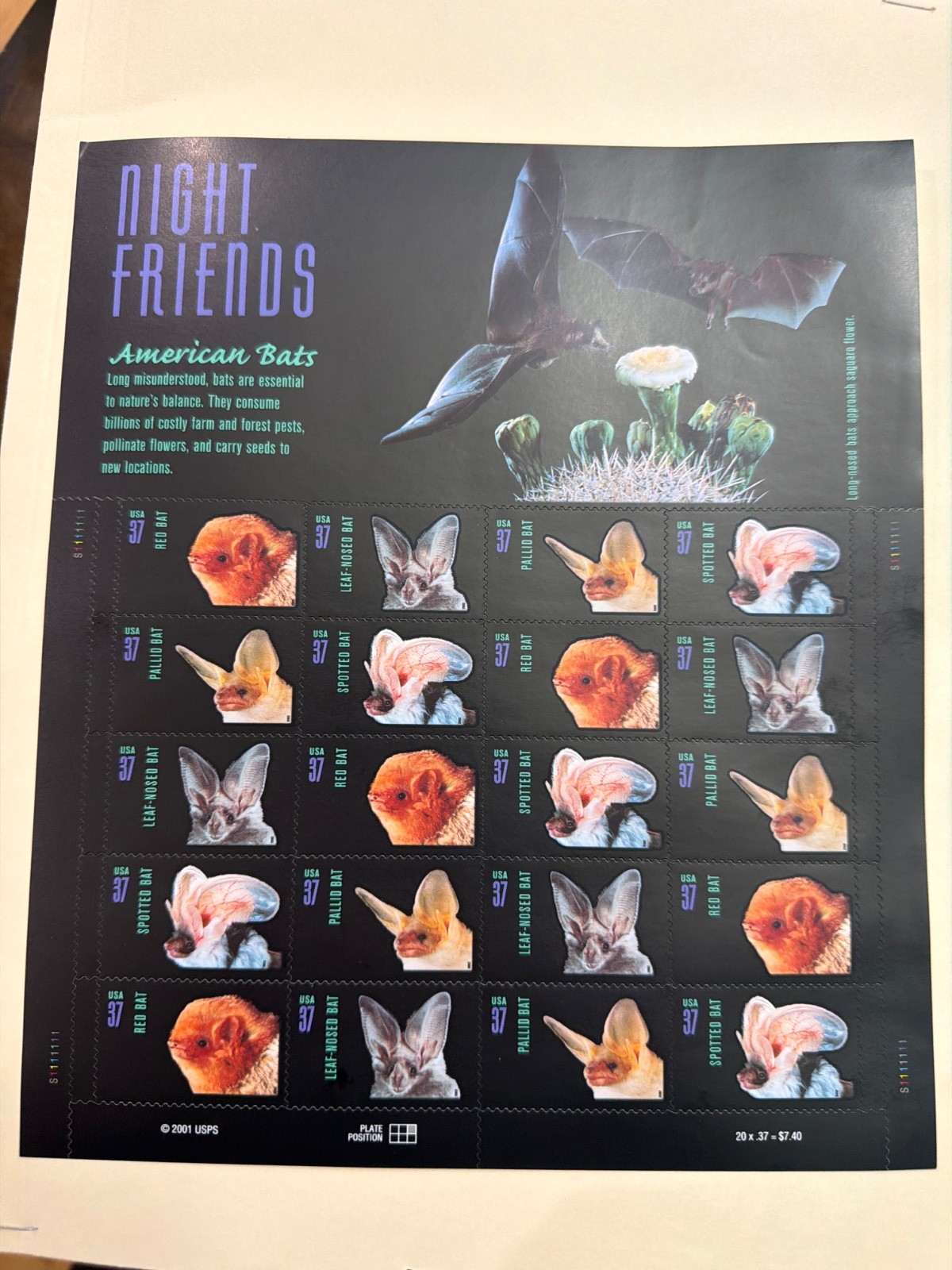 US SCOTT 3661 – 3664a SHEET OF 20 NIGHT FRIENDS AMERICAN BATS STAMPS 37 CENT MNH