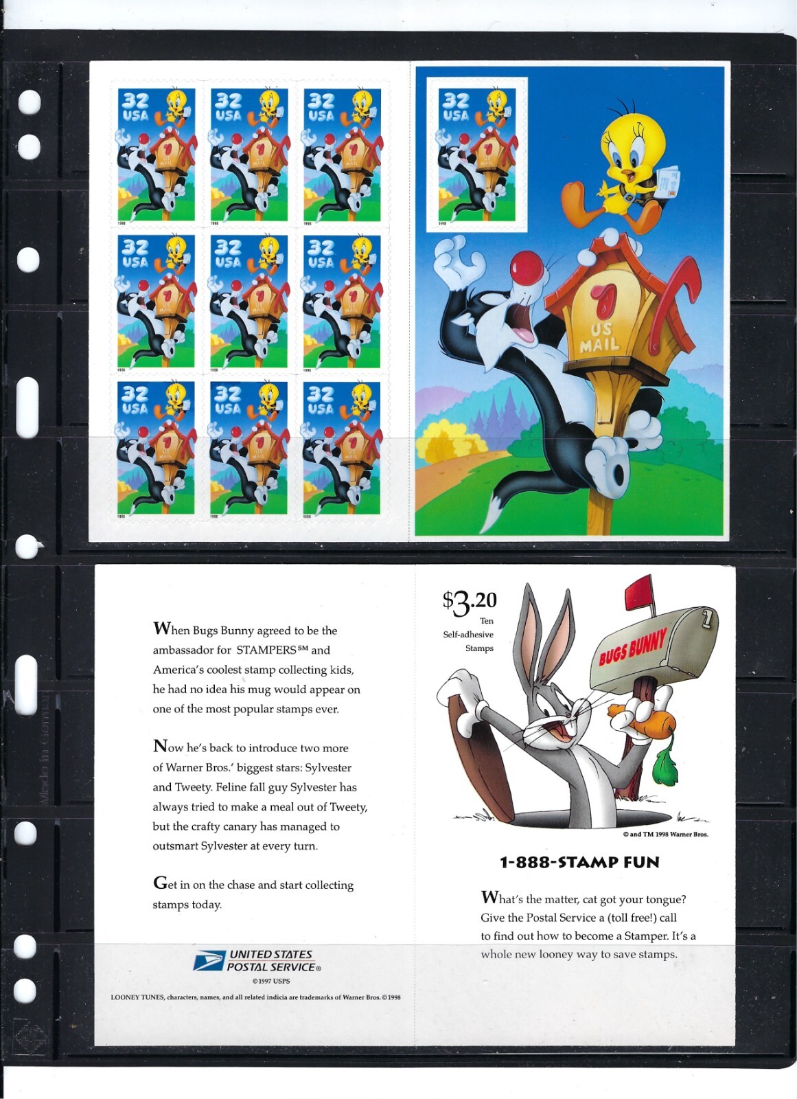 US: 1998 Sc#3204 Looney Tunes Sylvester Tweety 10 S/S XF NEW MNH OG 40601