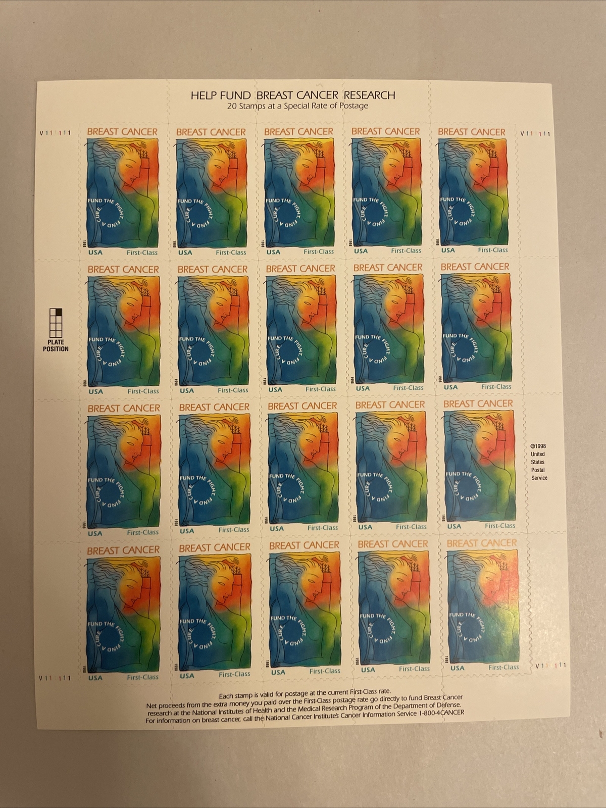 US SHEET OF 20 BREAST CANCER RESEARCH STAMPS MNH