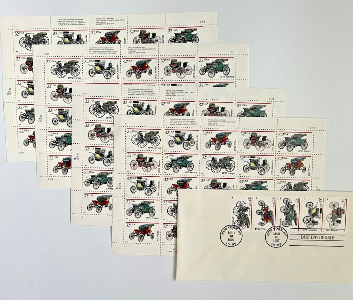 Scott #3019-3023 ANTIQUE AUTOMOBILES 32¢ | 4 SHEETS OF 25 = 100 STAMPS FV$32
