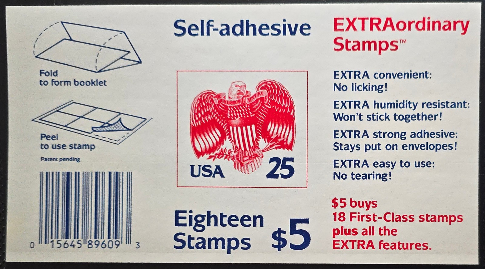 1989 USA 25¢ Eagle Self Adhesive Booklet Pane of 18 EXTRAordinary Stamps $5 Face