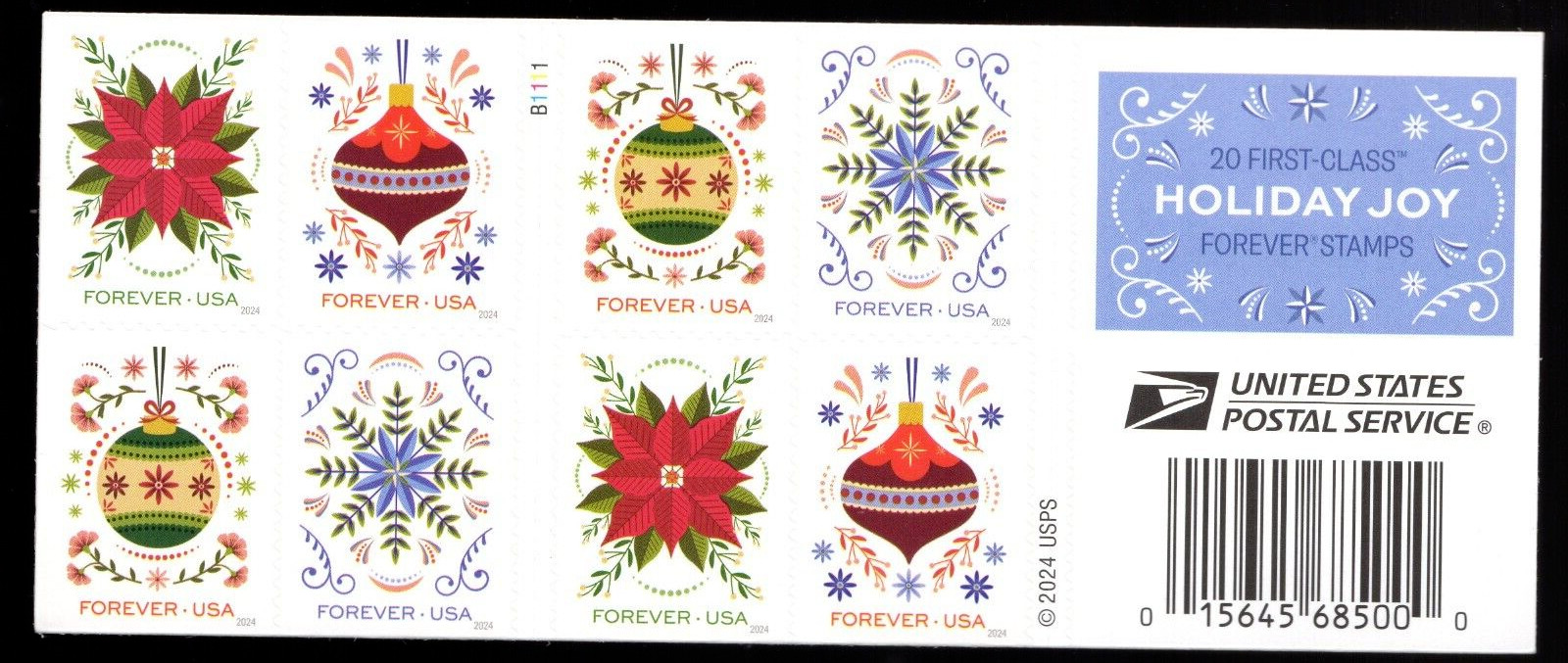 USPS Holiday Joy Ornaments Booklet Pane of 8 Stamps – MNH In stock