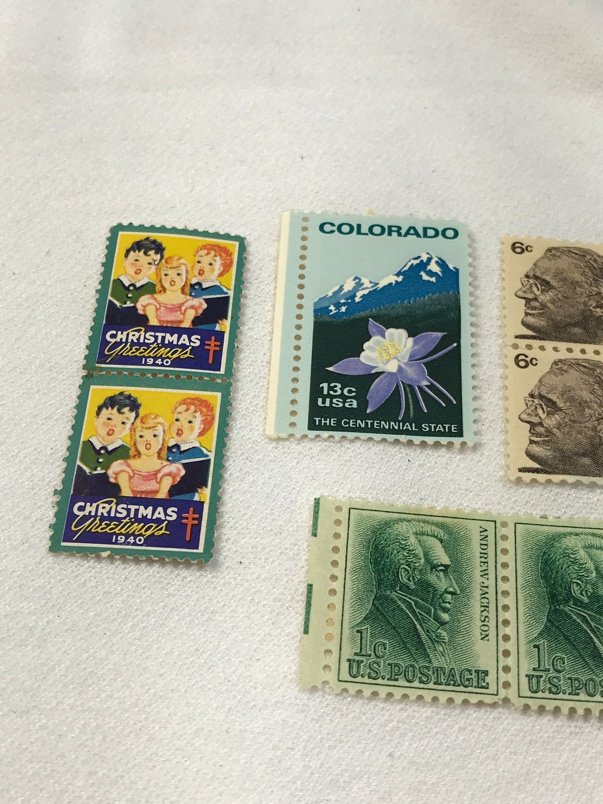 Vintage postage stamp collection, Colorado, Jackson, 1958 and 1940 Christmas