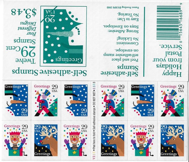 US SCOTT 2802a BOOKLET OF 12 HOLIDAY GREETING STAMPS 29 CENT FACE MNH