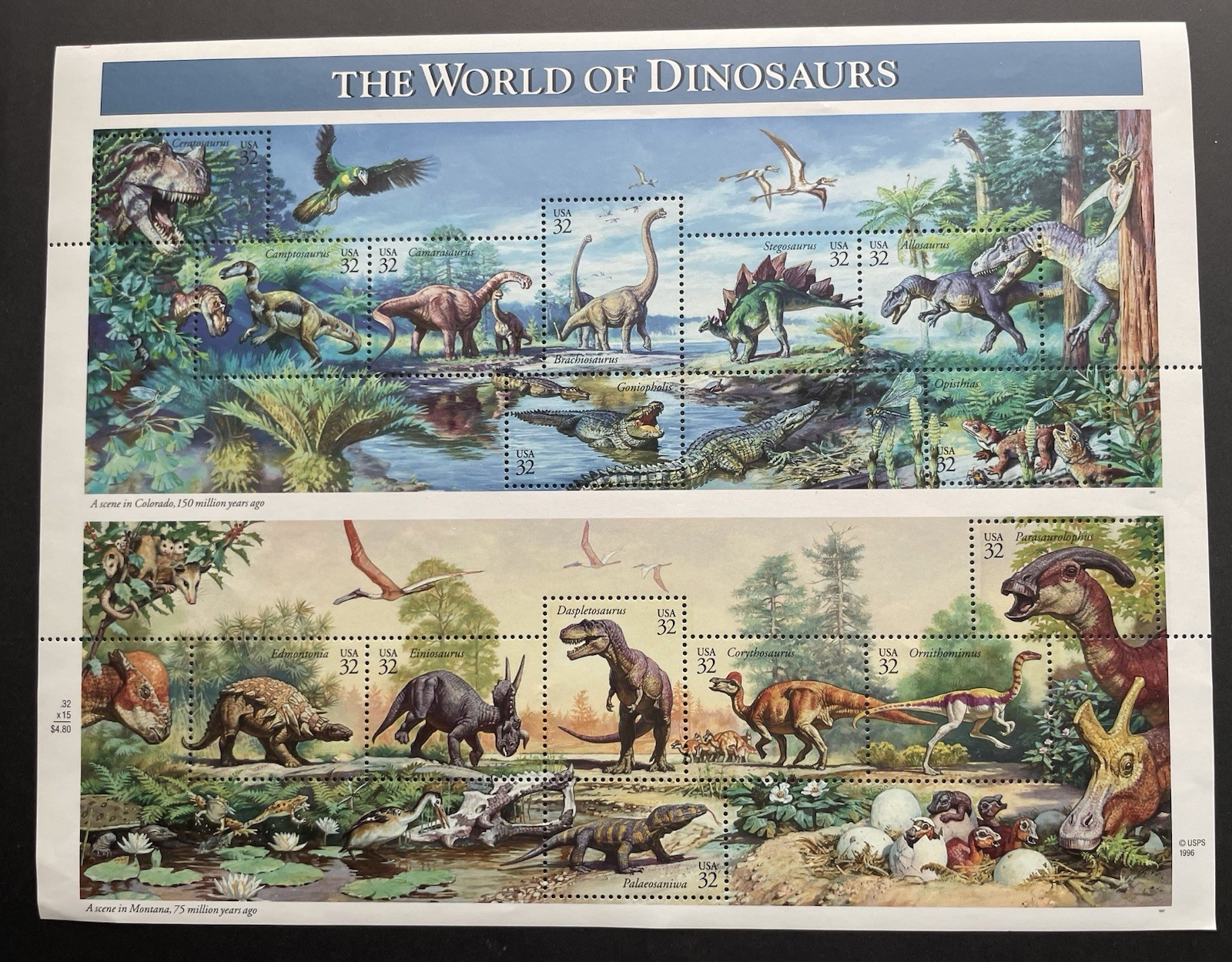 USA 32 Cent The World of Dinosaurs Postage Stamps, Full Sheet of 16, 1996