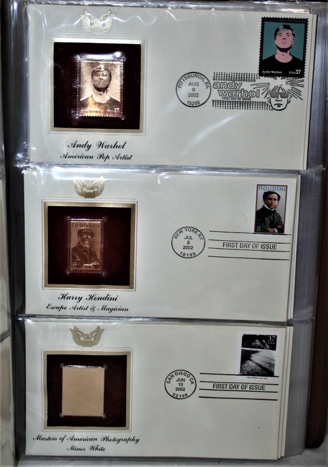 19 FIRST DAY ISSUE U.S. STAMPS 22kt GOLDEN REPLICAS BEARS FOREST WARHOL AIR MAIL