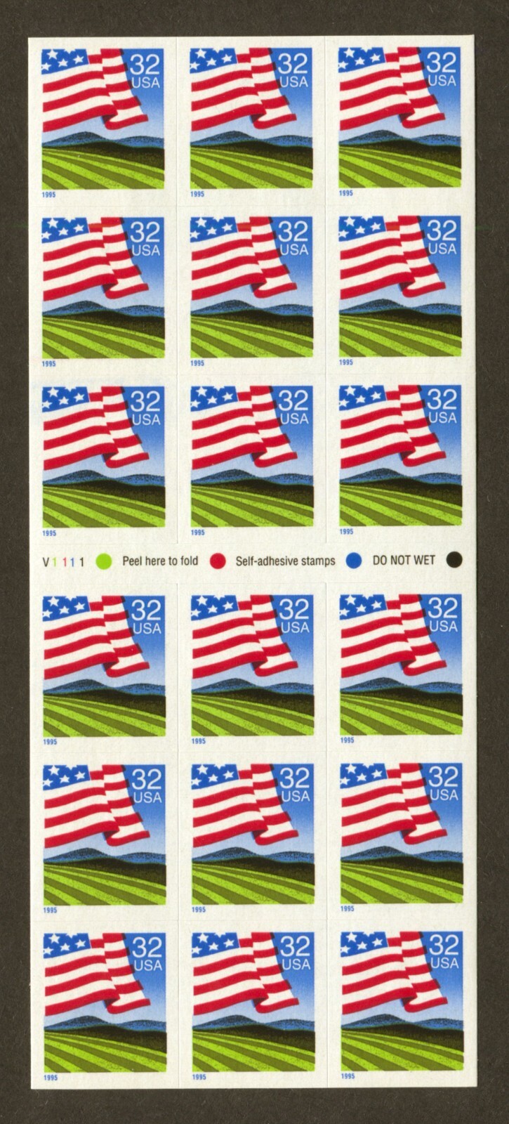 U.S. Scott# 2919a, 1995 Flag Over Field, ATM Pane of 18 Stamps, SCV: $12.00