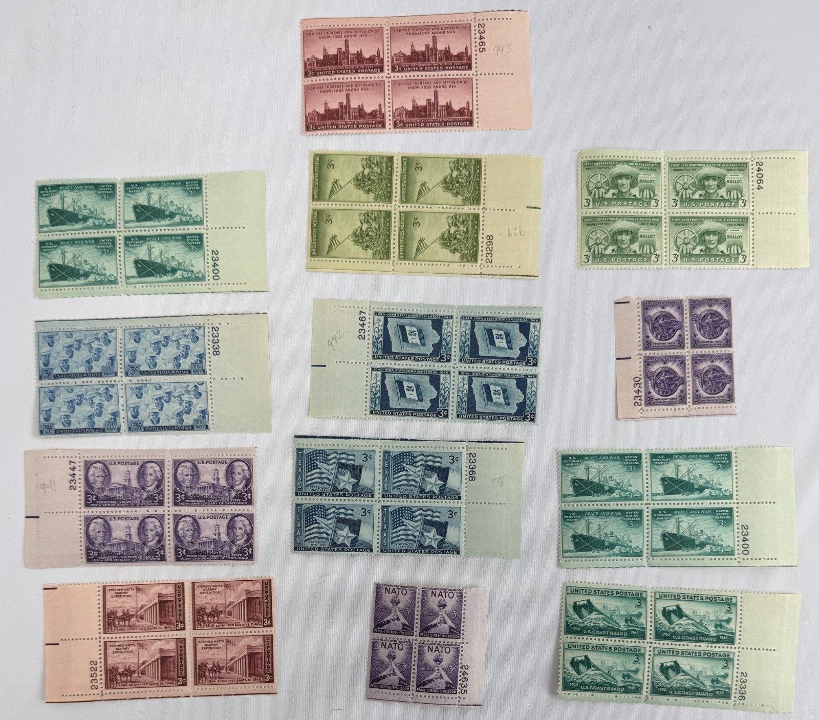 13 Different U.S. Commemorative Plate Blocks of 4 1945-1949 Mint NH WWII