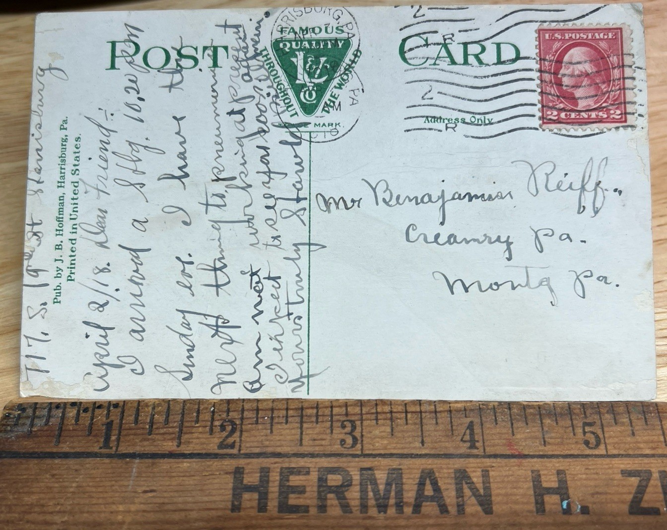 Red Two Cent Stamp On Postcard Harrisburg PA Susquehanna River Steam Locomotive