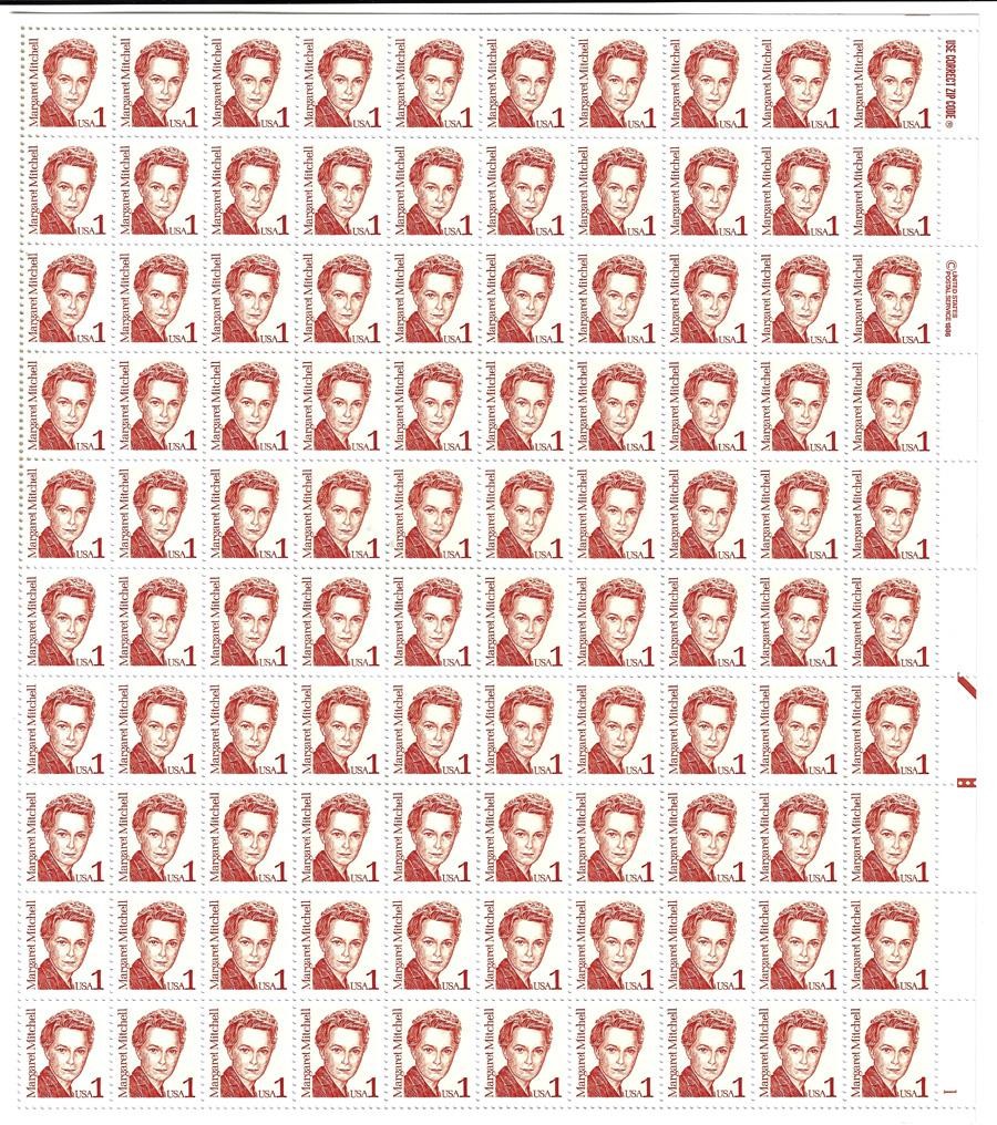 US SCOTT 2168 PANE OF 100 MARGARET MITCHELL STAMPS 1 CENT FACE MNH