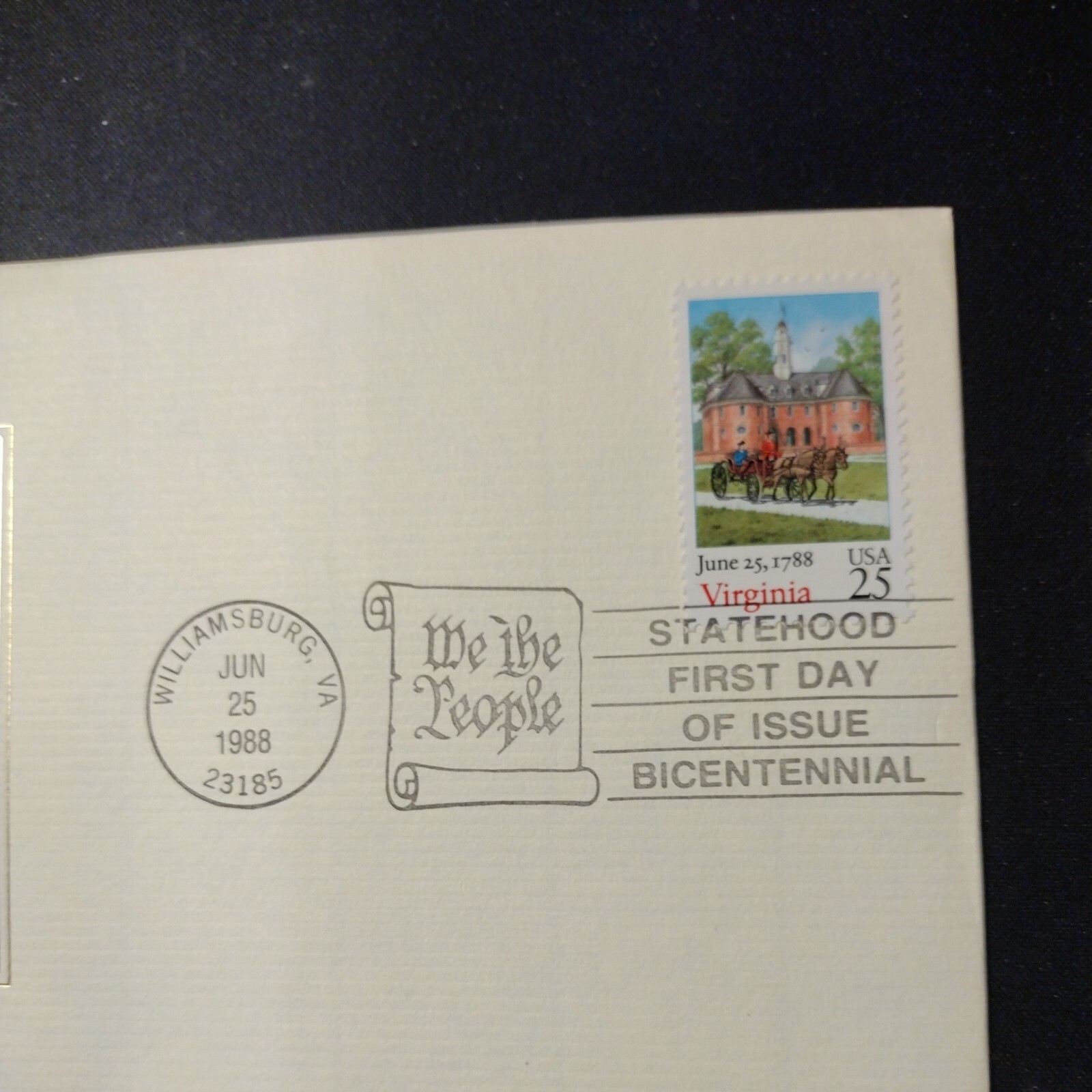 Virginia Statehood FIRST DAY ISSUE 25 CENT STAMP GOLD 200th Anniversary