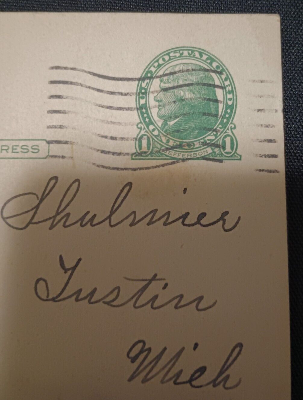 VTG 1922, Jefferson, One Cent Stamp, Post Card, Circulated