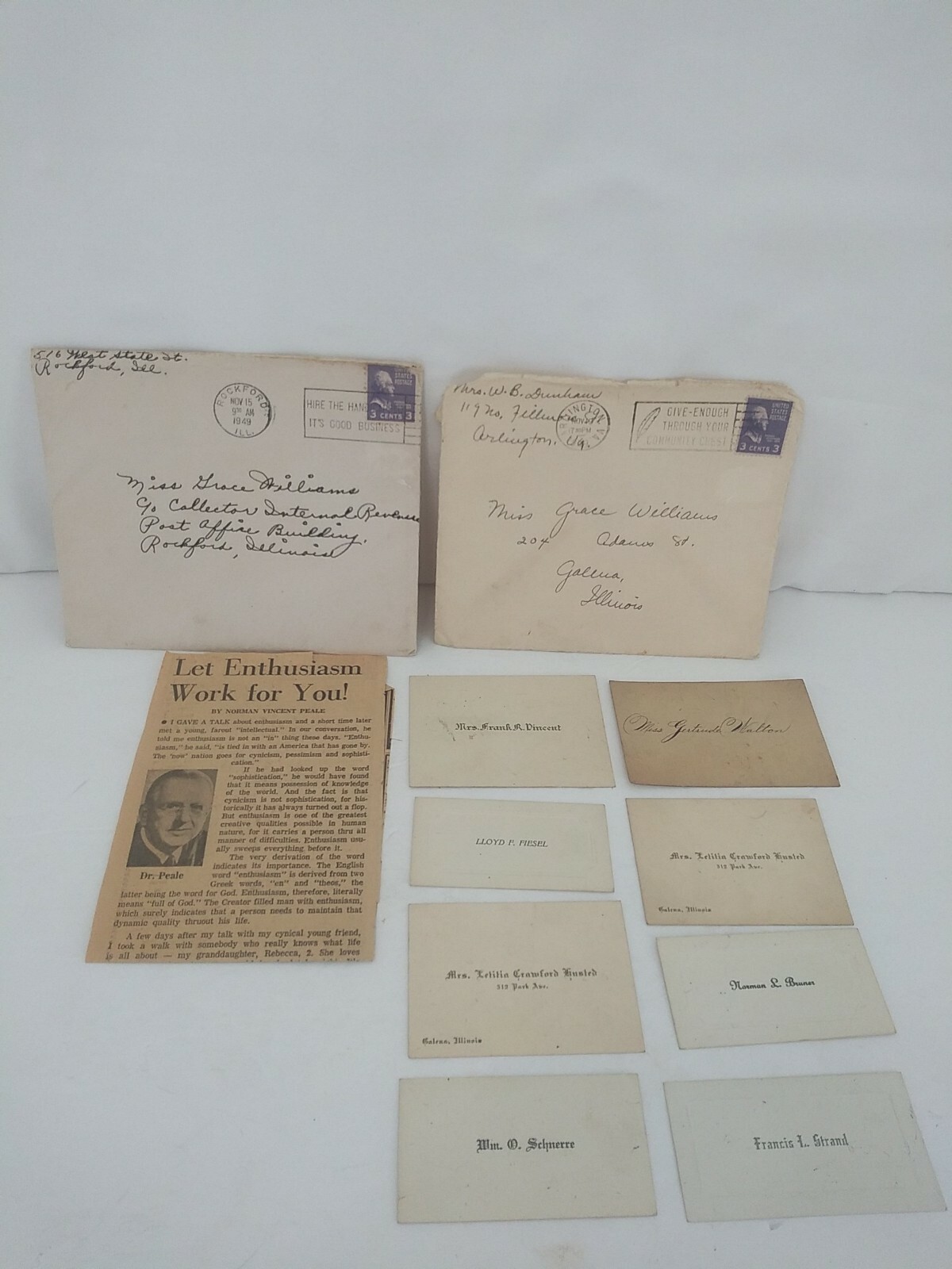 Vintage American 2 envelopes Stamps 1949 + name tags and news article.