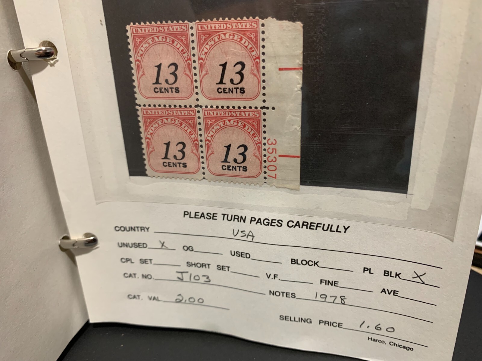 U.S. Stamps Sc. #J103 1978 13-cent Block of 4 Unused