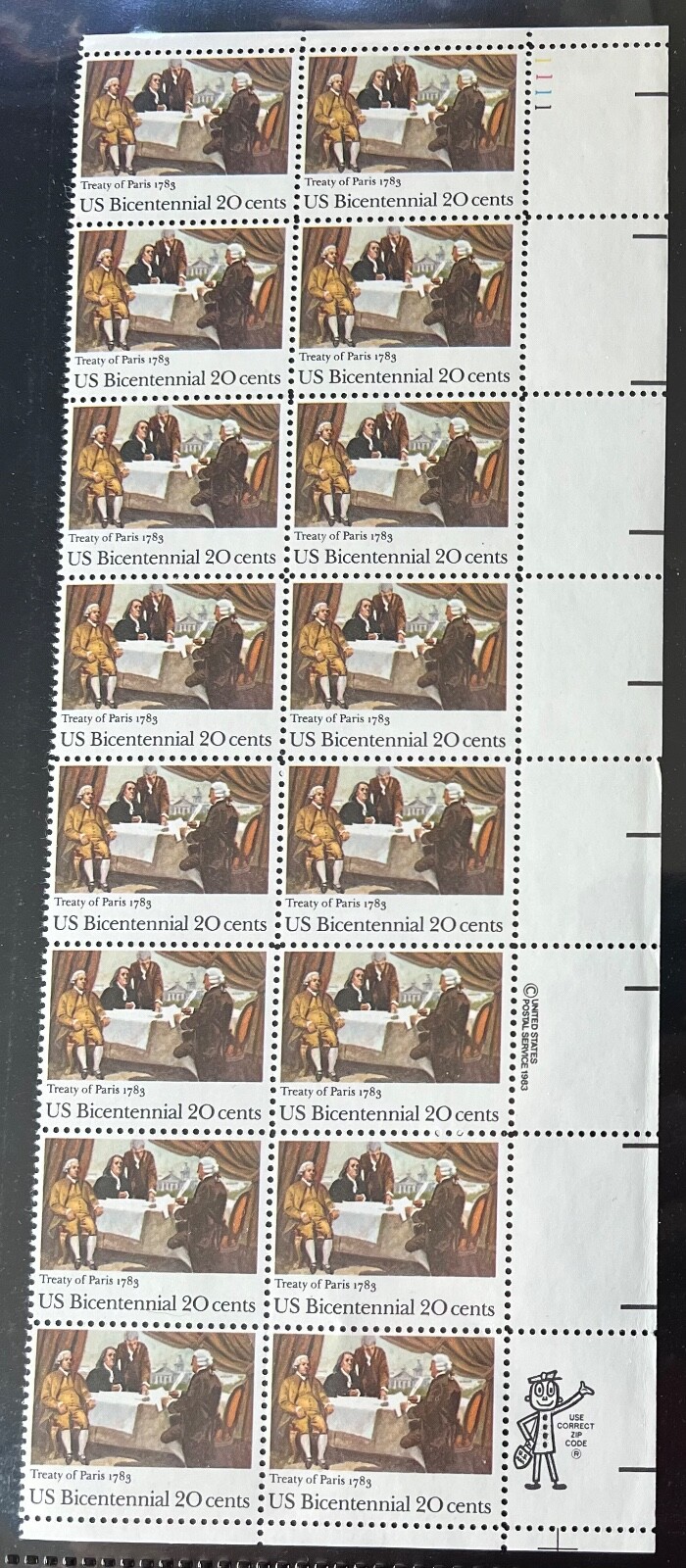 #2052 Treaty of Paris – Plate Block Strip of 16 – MNH – Free Ship – 1983