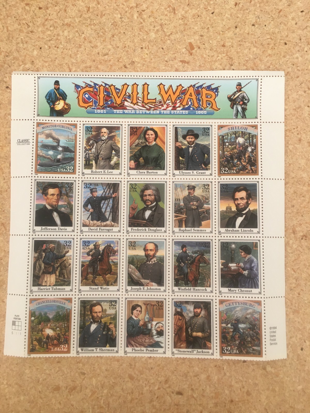 1994 USPS Civil War Full Sheet of 20 Stamps in frame