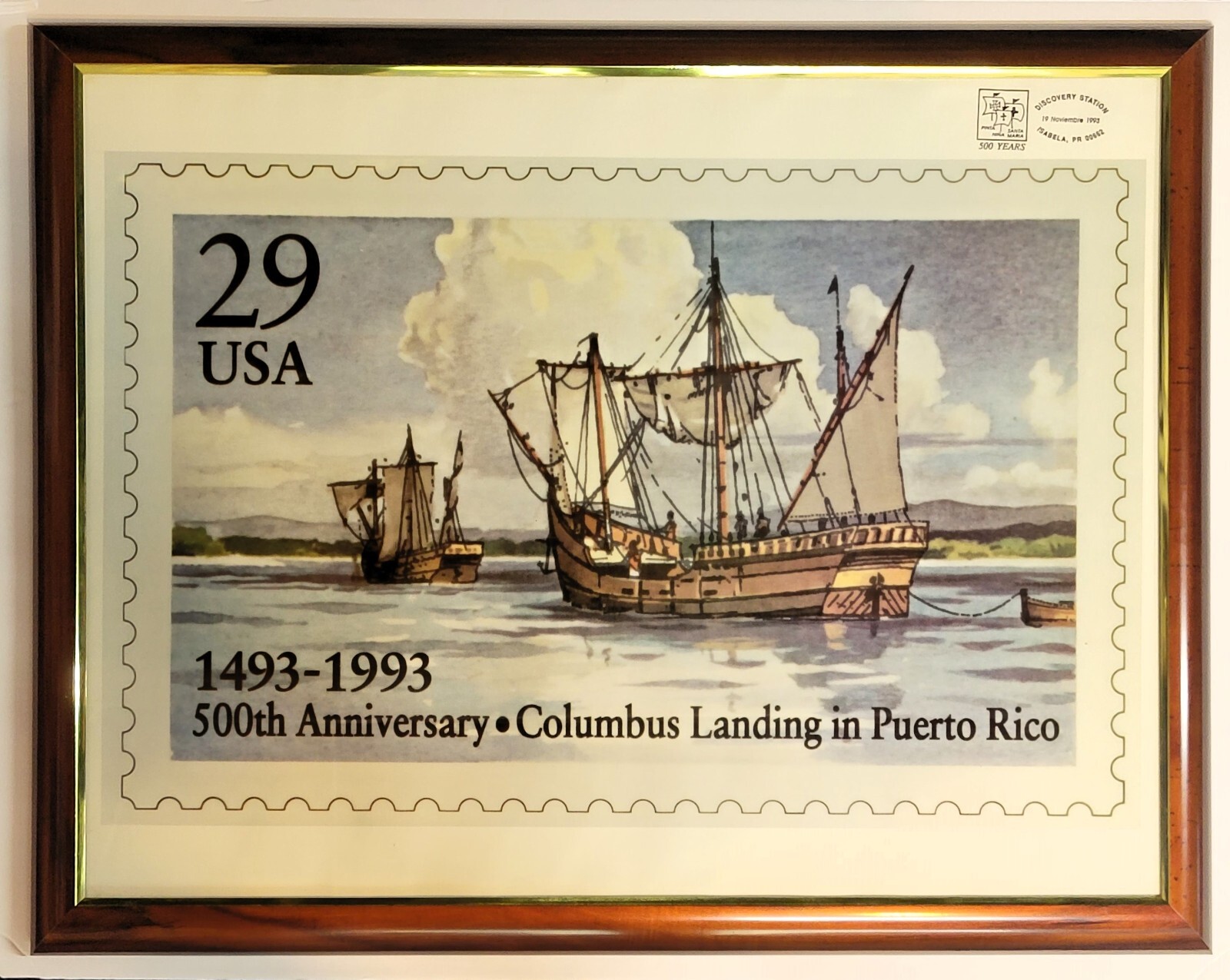 1993 Columbus Landing in Puerto Rico Commemorative Stamp Lithograph Framed