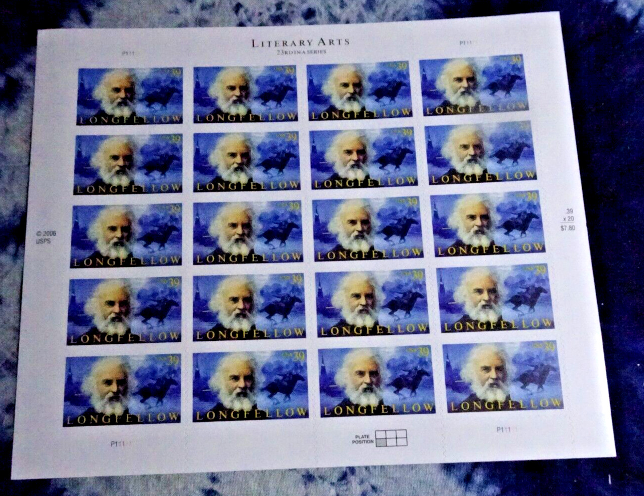 US 4124 H.W. LONGFELLOW (LIBERARY ARTS-POET) PANE OF 20 (39c) STAMPS**