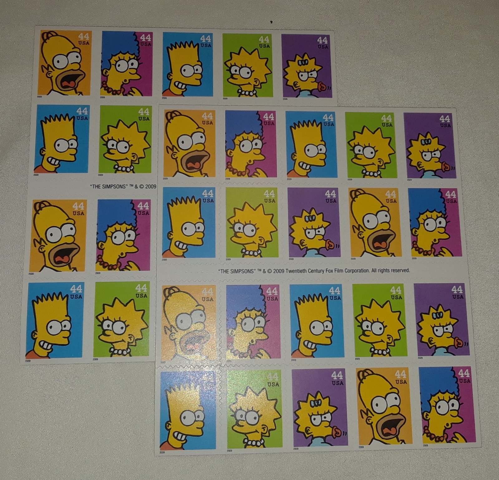 Two (2) New Booklet Panes of THE SIMPSONS 44¢ US Postage Stamps, USA # 4399-4403