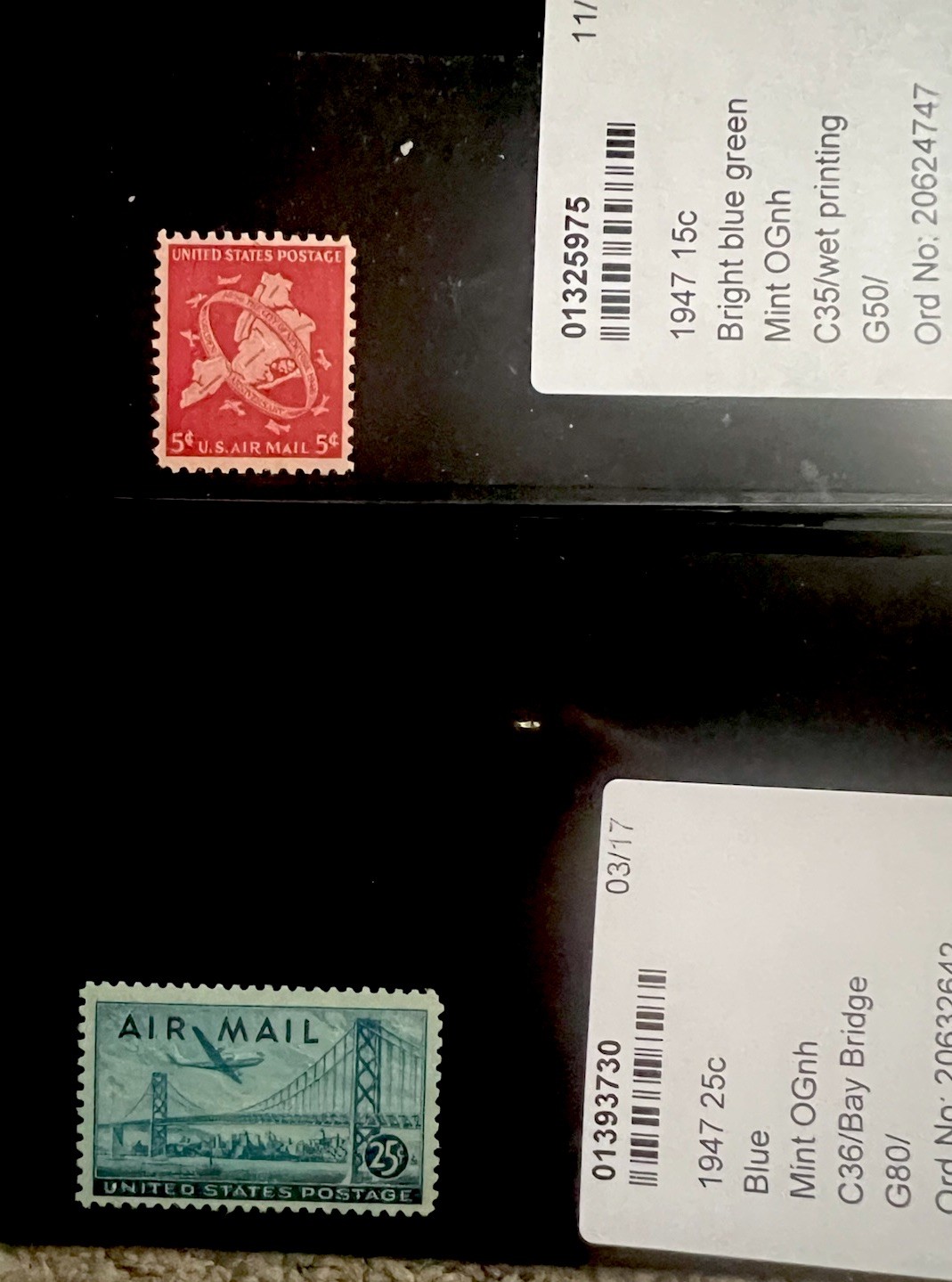 Air Mail Stamps Four Total Mint OGNH 1947 15c 1947 25c 1949 15c and C46 80cent