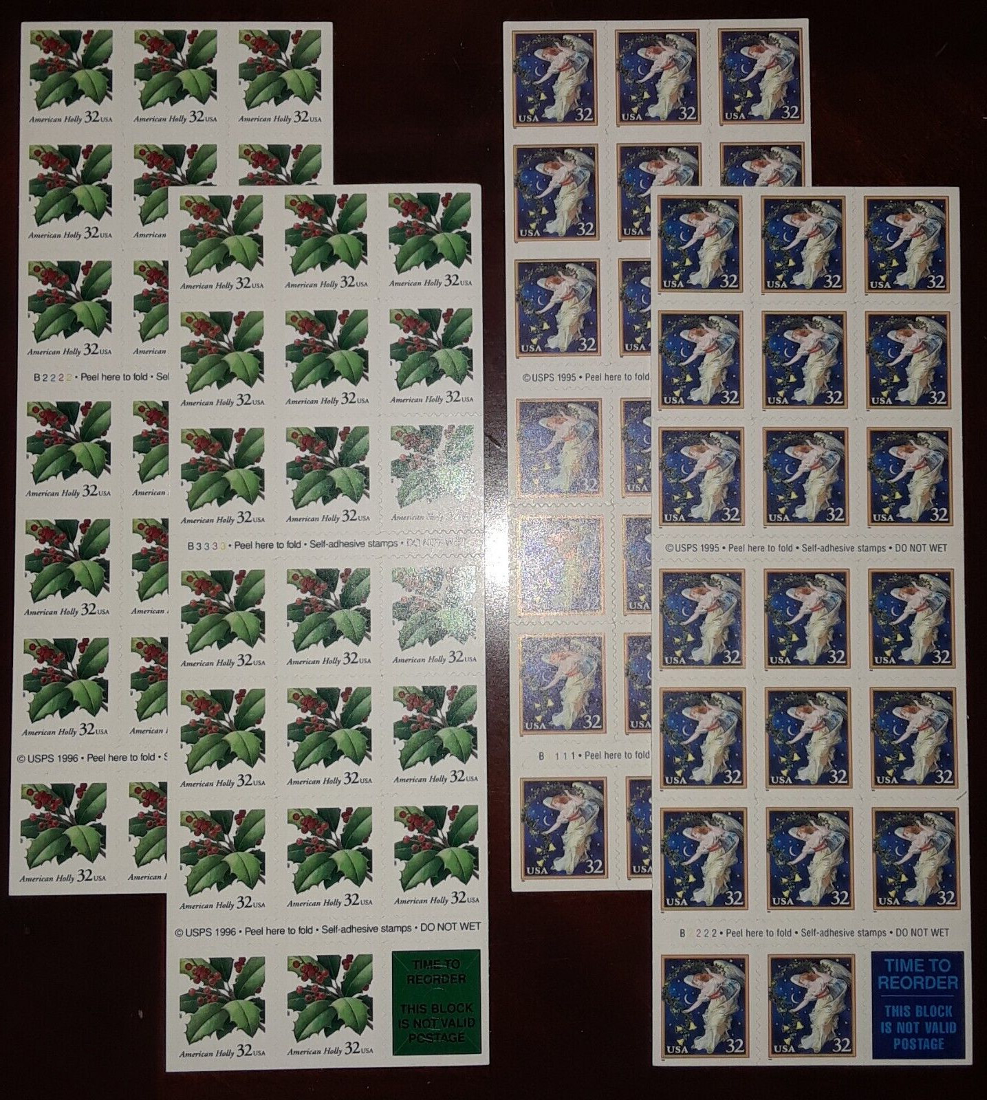 Combo 4×20 = 80 of 32¢ US Stamps Holiday Greetings HOLLY # 3177a & ANGEL # 3012