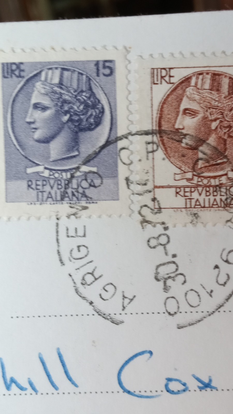 Italian Stamps Lire 100 and 15 on Post Card Watermarks