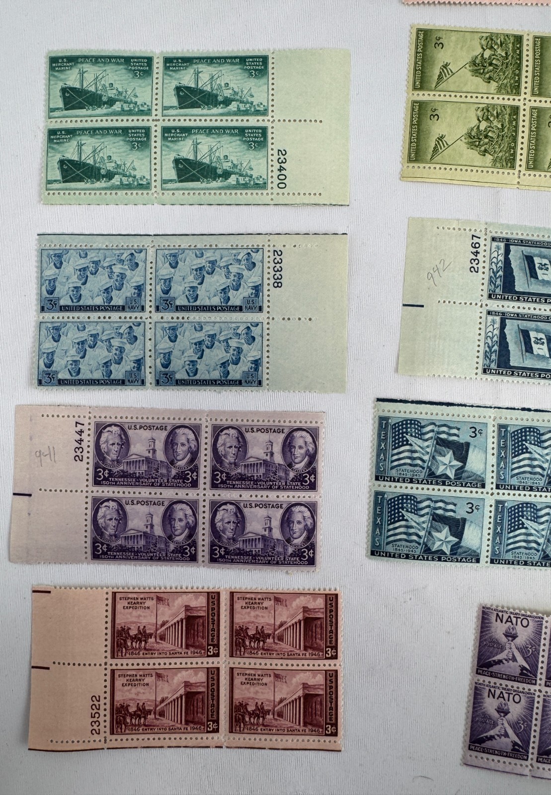 13 Different U.S. Commemorative Plate Blocks of 4 1945-1949 Mint NH WWII