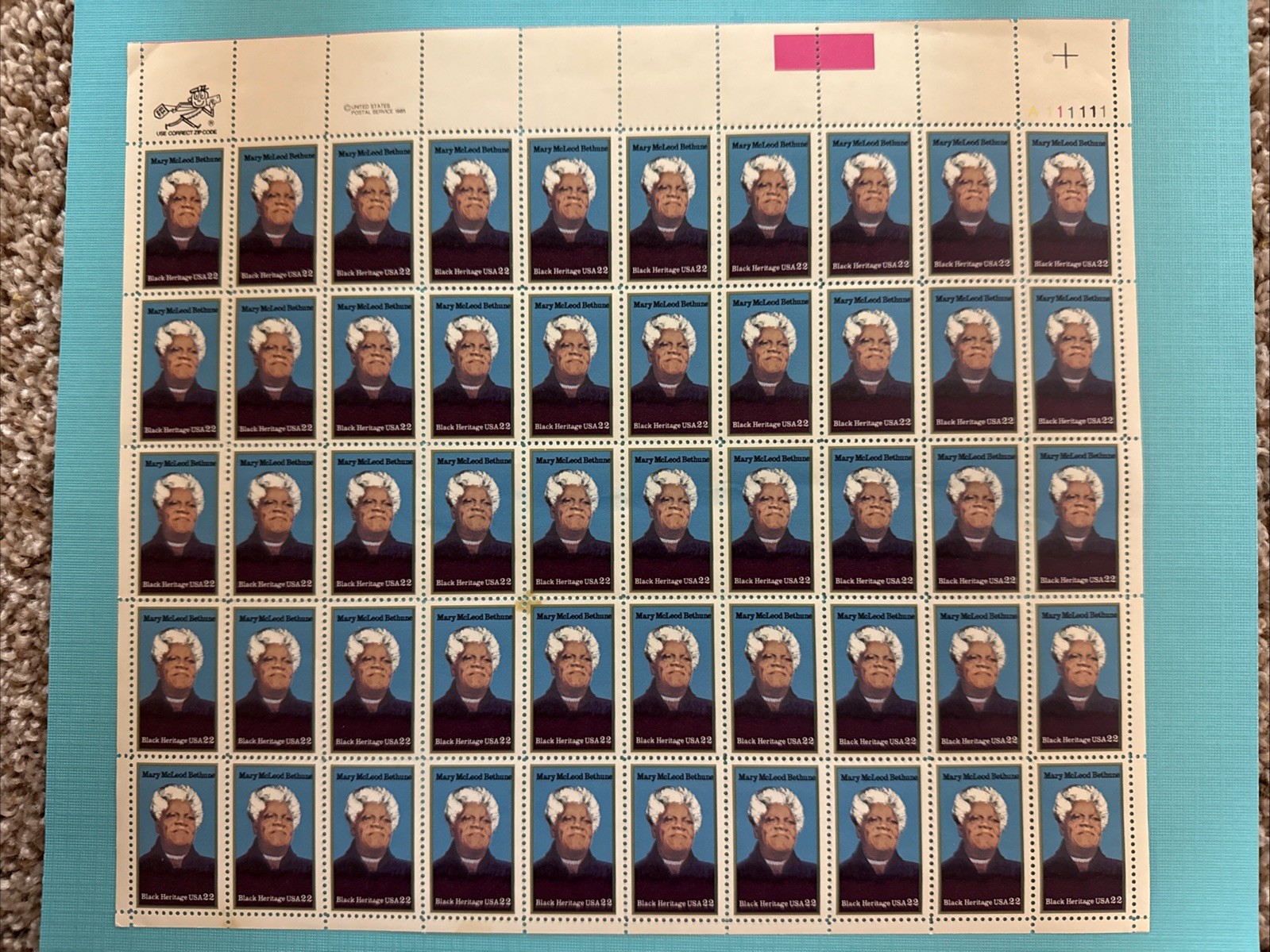US SCOTT 2137 PANE OF 50 BLACK HERITAGE MARY BETHUNE STAMPS .22 FACE See Back