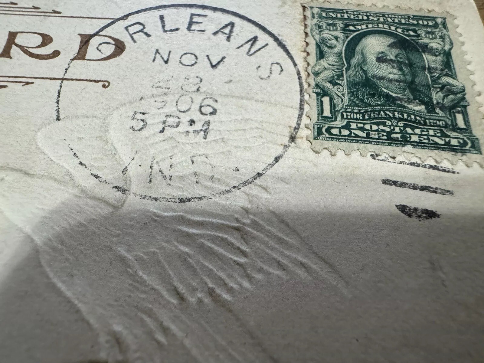 VTG 1706 FRANKLIN 1Cent Stamp POSTAGE Card, Circulated OOAK POSTMARK 1906 Rare