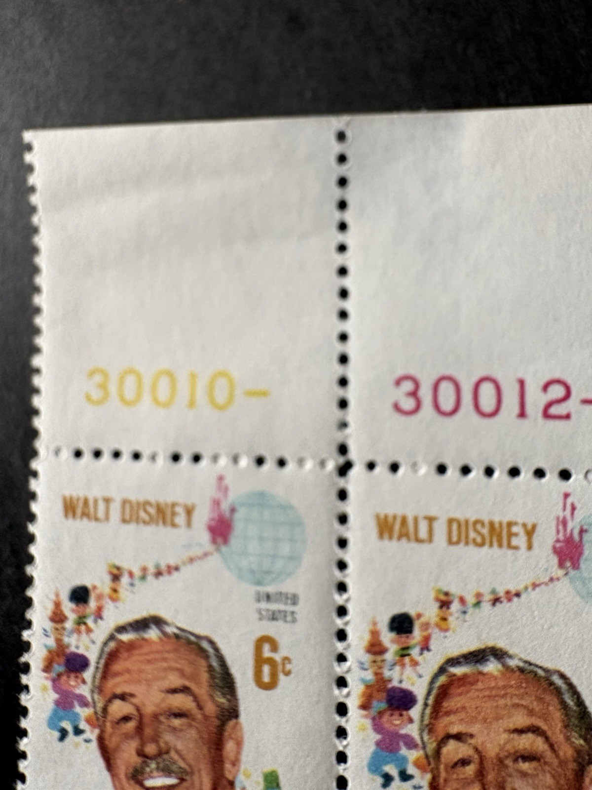 Unused Walt Disney 6¢ Plate Block of 4, tape remnants on reverse VTG Plate #s