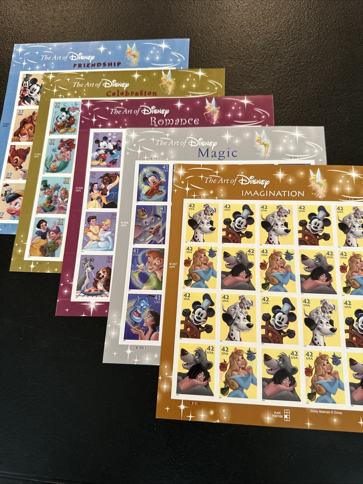 THE ART OF DISNEY Complete Set of 5 Differnt Full Sheets of 20 US Stamps 2004-08