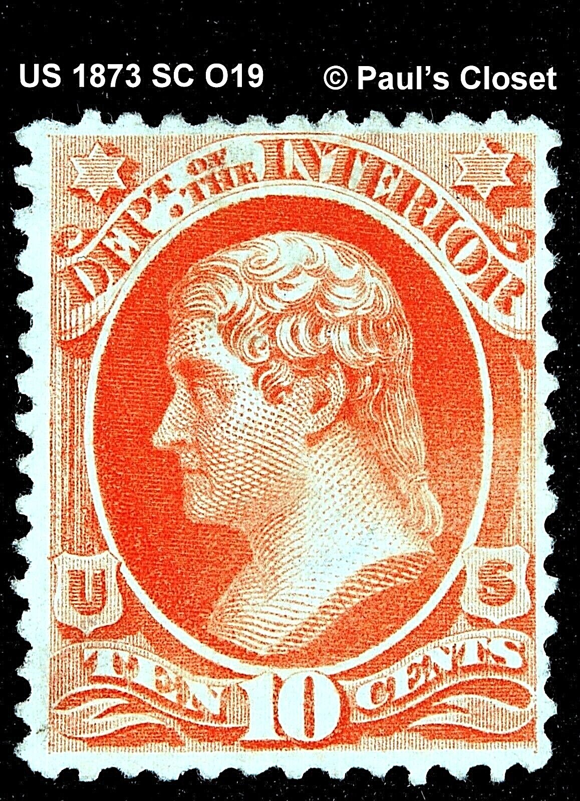 US 1873 SC O19 INTERIOR OFFICIAL STAMP 10¢ JEFFERSON VERMILLION MNG F/VF
