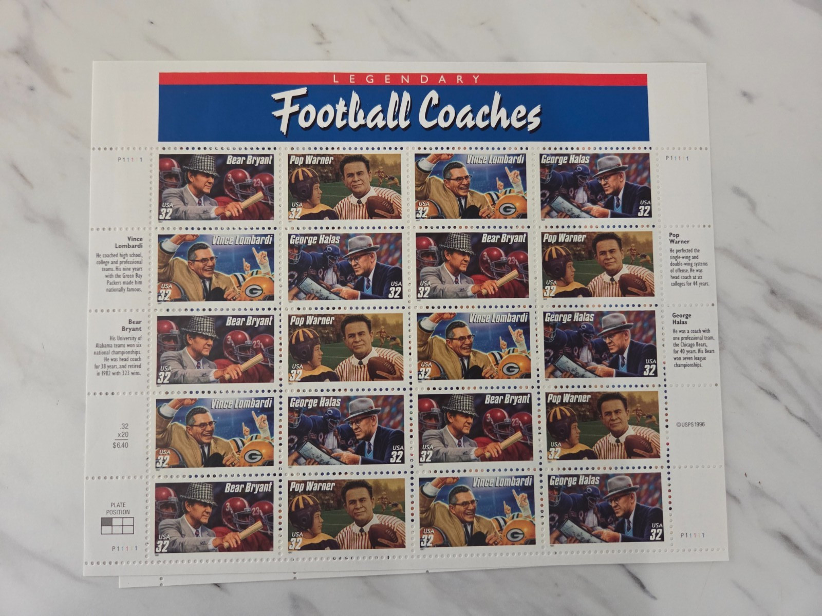 United States 32¢ Legendary Football Coaches Postage Stamp #3143 MNH Full Sheet