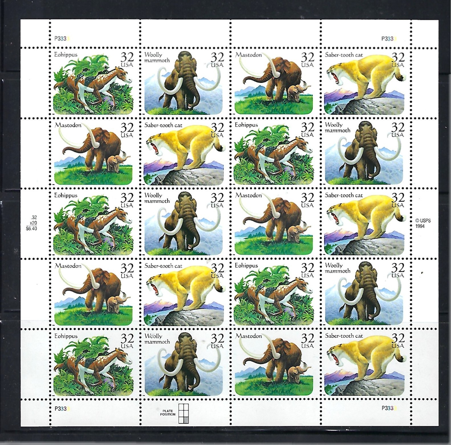 US: 1996 Sc#3077-80 Prehistoric Animals full Sheet of 20 MNH VF 101221