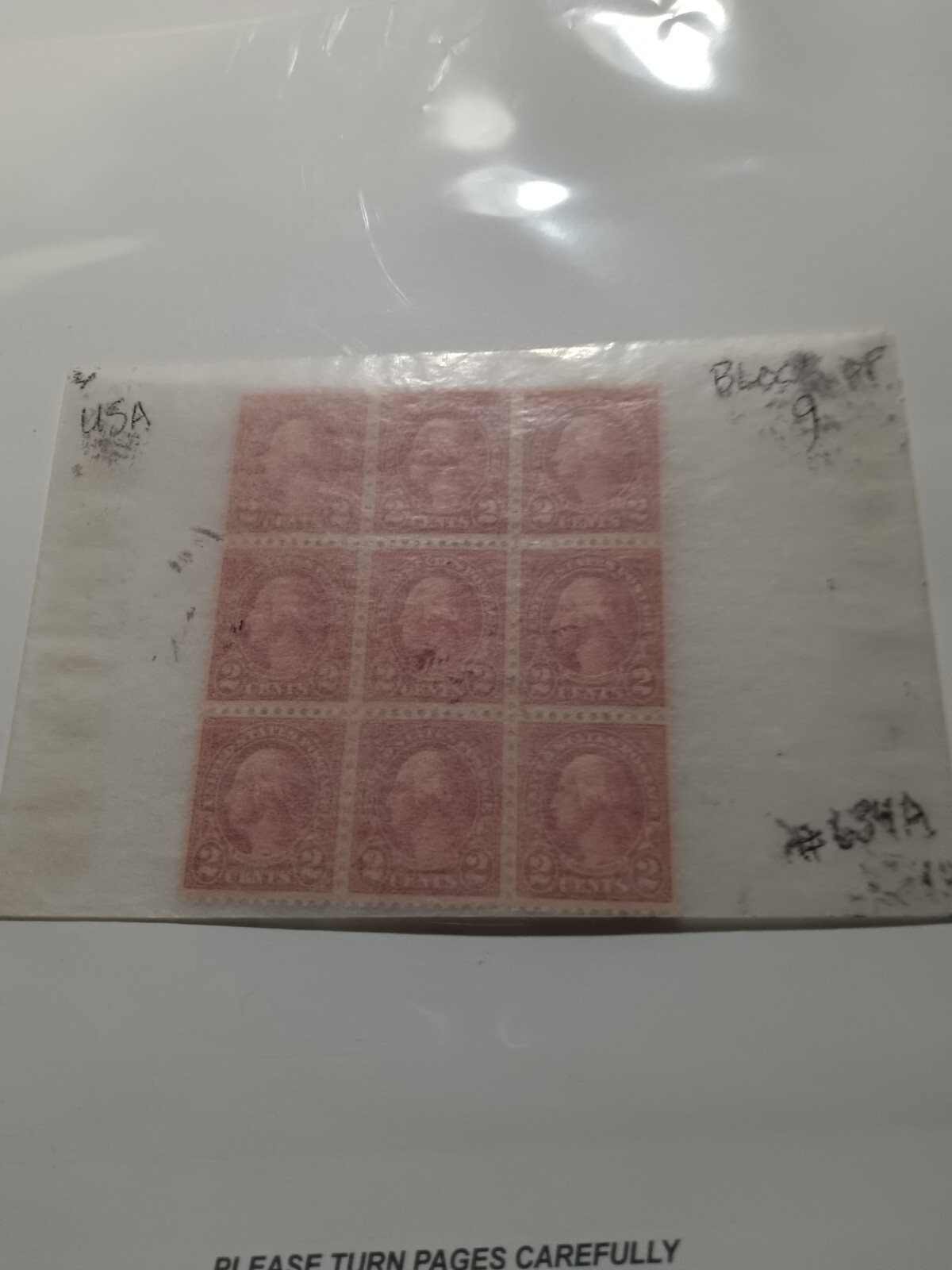 1928 George Washington Carmine, 2 Cent Postage Stamp SC #634 Block Of 9