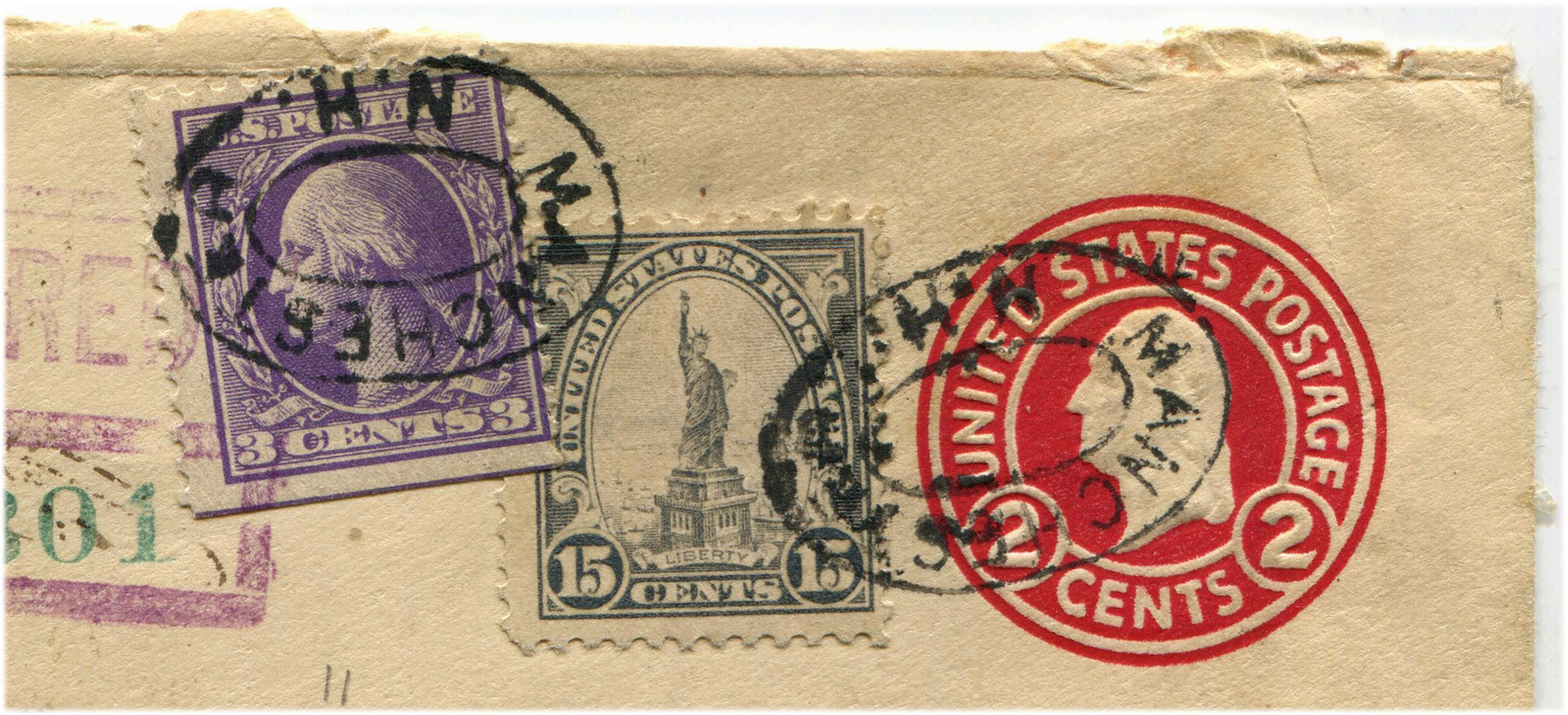 USA, ENVELOPE PREPAID 2 C, ANNULS MANCHESTER NH, (1926) + STAMPS 3C AND 15C m