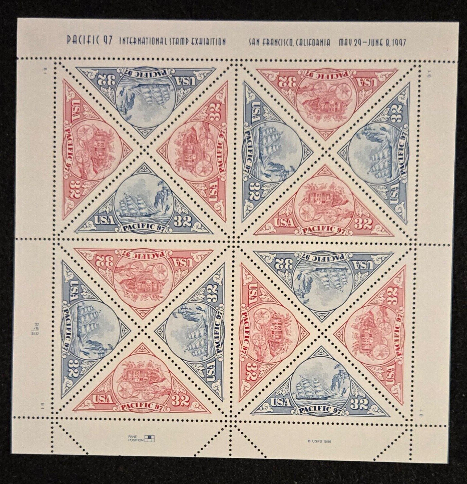 1997 US Scott 3130 – 3131 PACIFIC 97 Sailing Ship & Stagecoach Sheet of 16 MNH