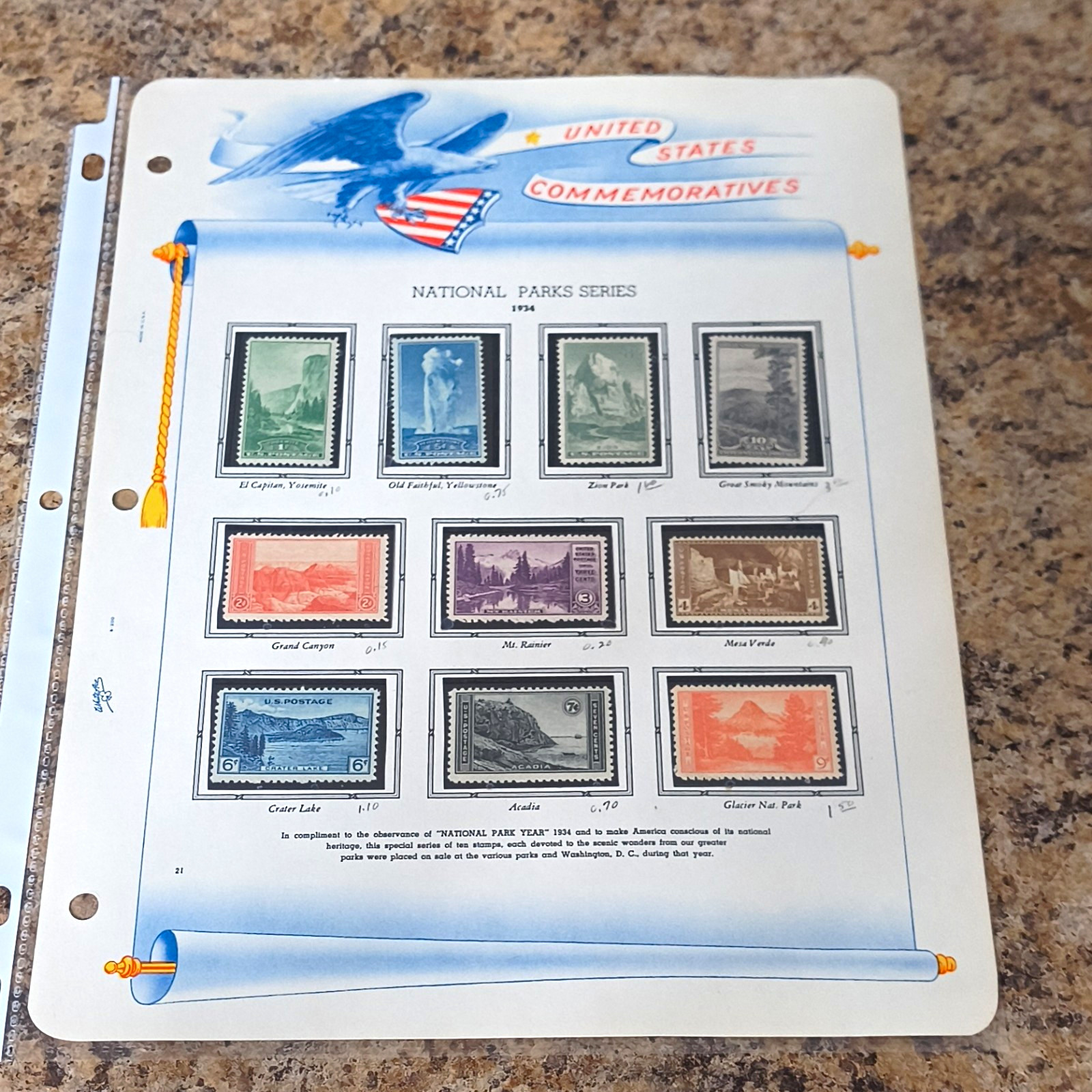 United States Commemoratives National Parks Series 1934 Stamp Display Page
