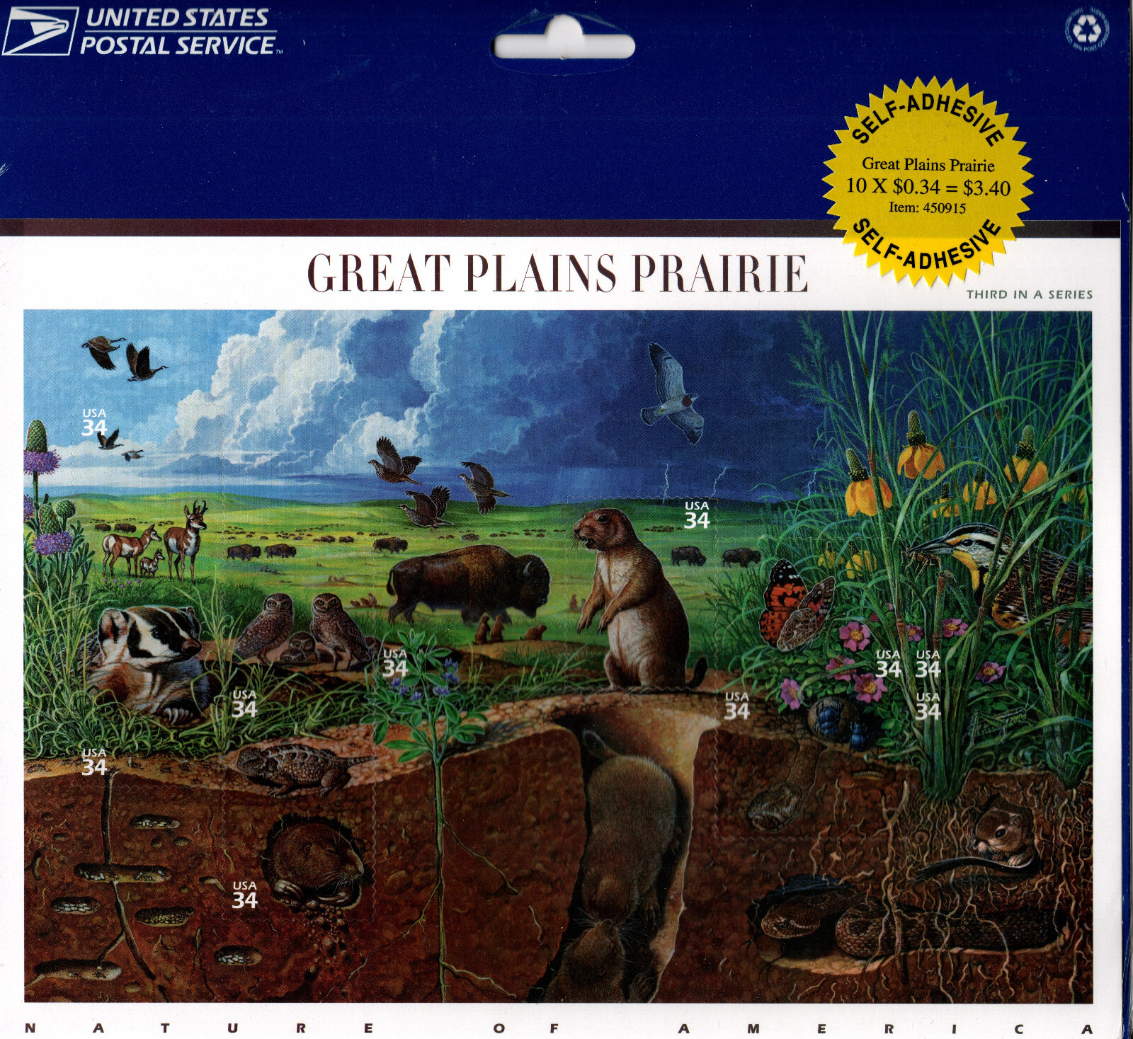 USA 2001 NATURE OF AMERICA, GREAT PLAINS PRAIRIE, 3rd SERIES, SCOTT 3506 MNH
